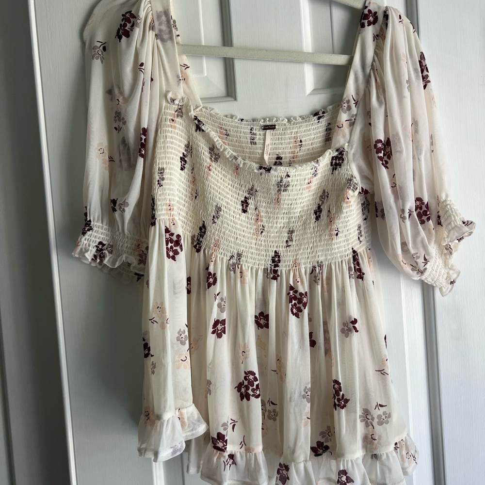Free People Floral Blouse in Cream and Burgundy
